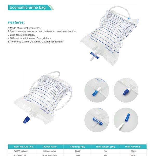 Uso hospitalario Bolsa de orina médica desechable quirúrgica de 2000 ml Bolsa de drenaje de orina desechable B.S.D.DM587