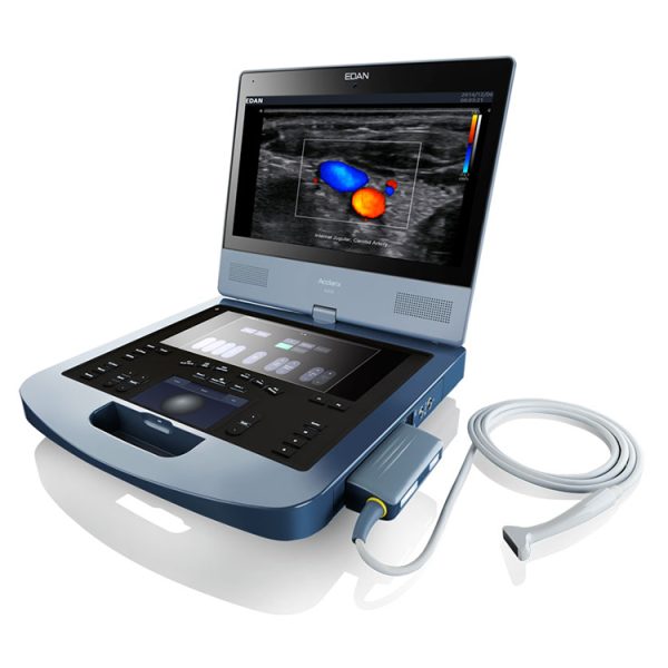Instrumento de diagnóstico médico de alta gama con monitor basculante y giratorio Edan Acclarix AX8 de ultrasonido para humanos y veterinaria.
