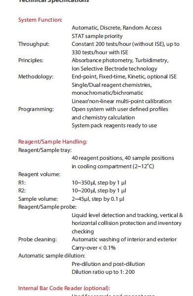 Analizador de Química Clínica Mindray BS-200E Analizador Bioquímico completamente automático Instrumentos analíticos clínicos de Sistema Abierto