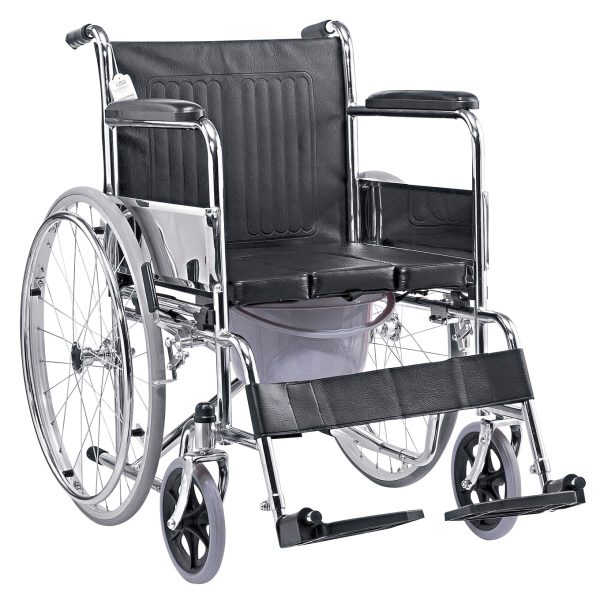 Silla de ruedas de acero manual con asiento de cuero suave y orinal MSLWH01