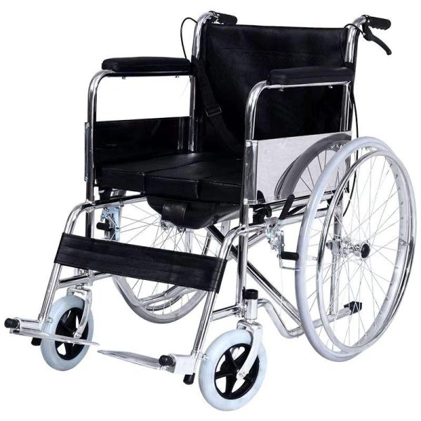 Silla de ruedas plegable con inodoro de cuero genuino impermeable MSLGAL616