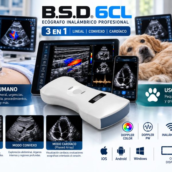 Ecógrafo inalámbrico profesional 3 en 1 | Lineal, Convexo y Cardíaco | Doppler Color y PW - B.S.D.6CL