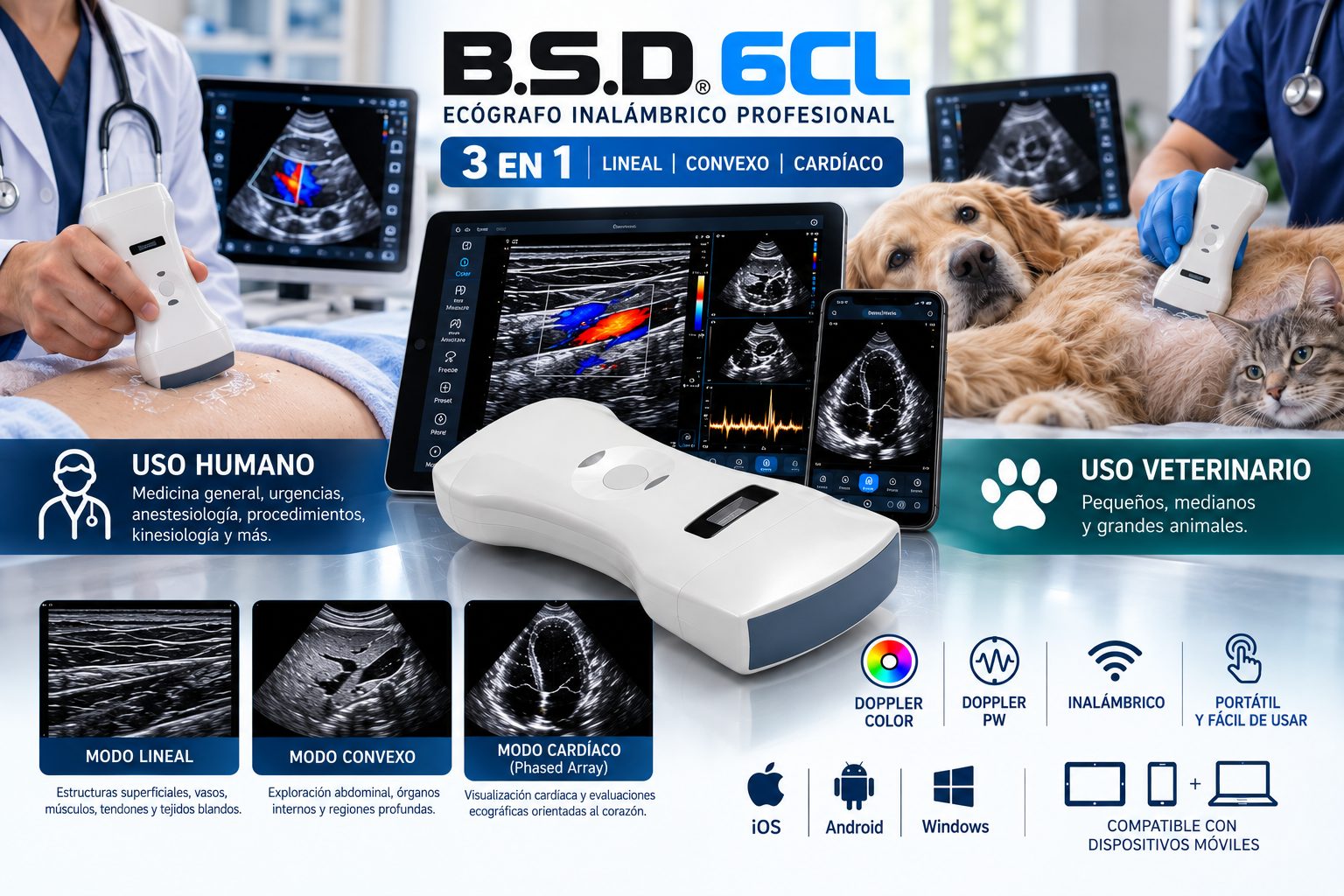Ecógrafo inalámbrico 3 en 1 para humanos y mascotas